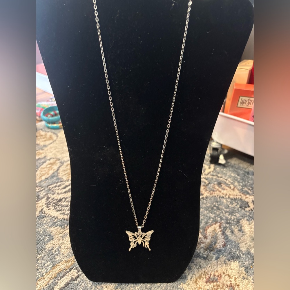 Silver tone Butterfly Pendant Necklace and Moon and Stars cuff bracelet preloved